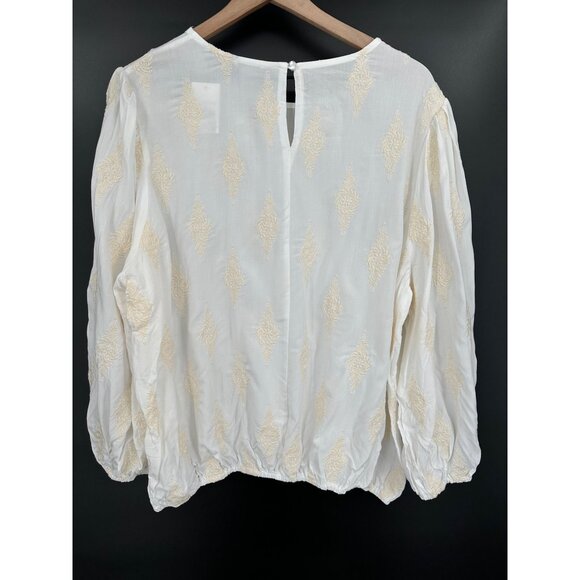 Cato Blouse Women 18/20W Long Balloon Sleeve White Cream Embroidered Elastic Hem - Picture 4 of 9